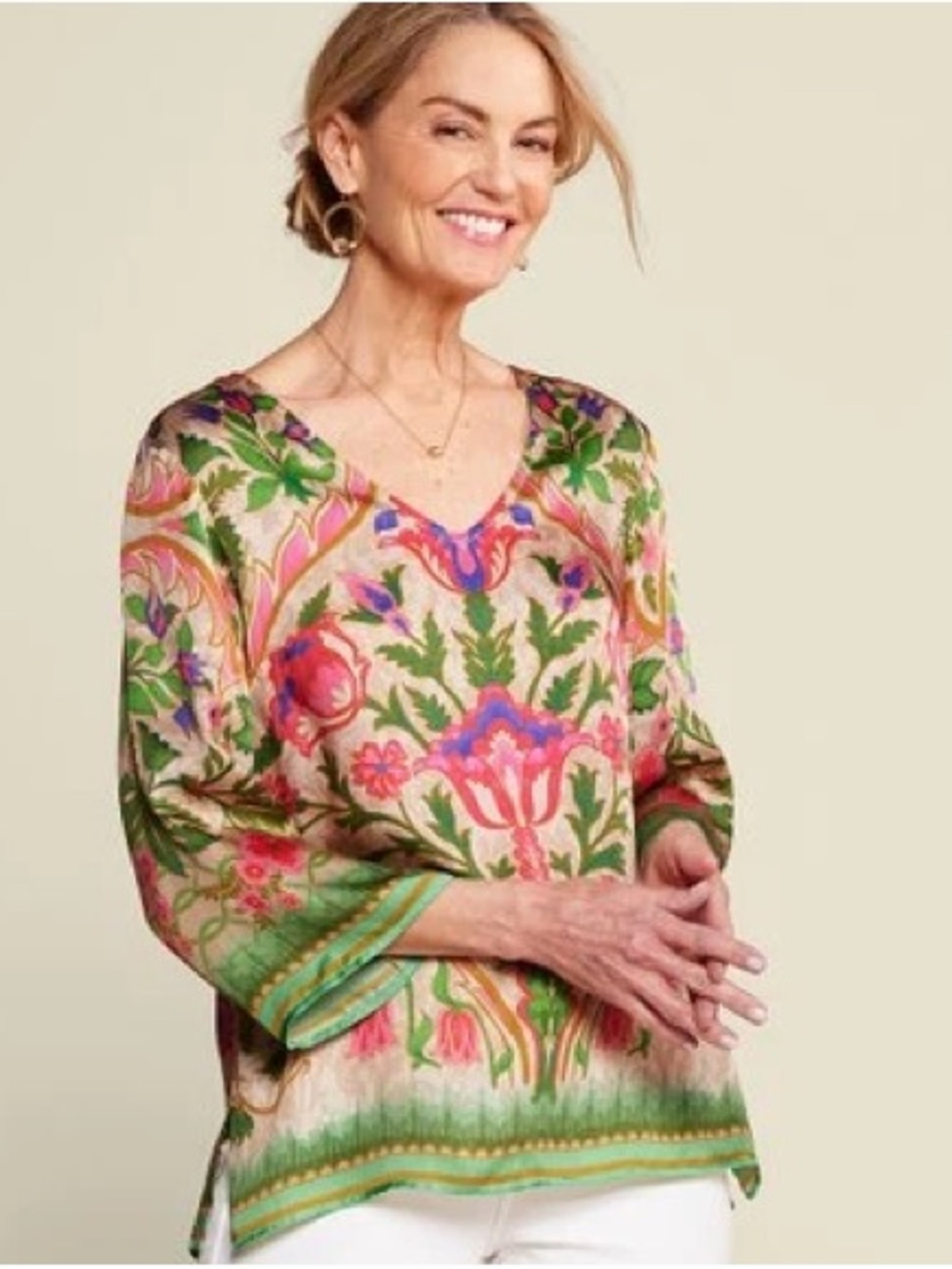 Soft Surroundings | Floral V-Neck Tunic - Pink, Green, Teal Sz M
